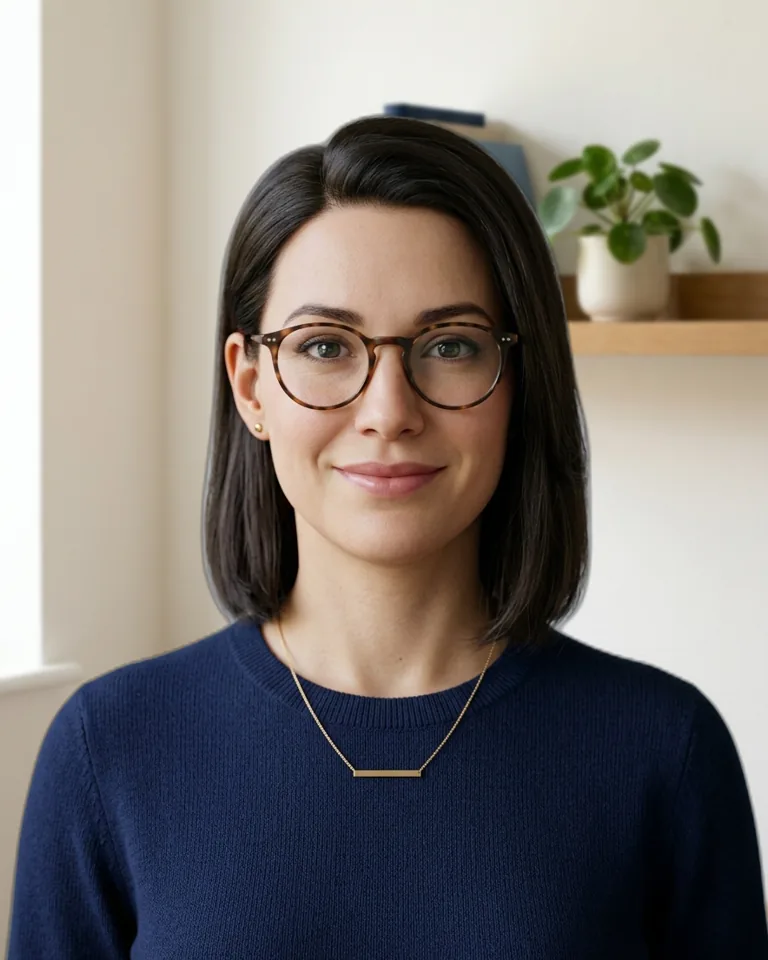 Vera, the show's AI presenter, in a bright home office: dark shoulder-length hair, tortoiseshell glasses, navy sweater